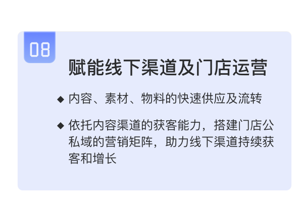 内容、素材、物料快速流转；门店公私域营销矩阵、助力线下渠道持续高效获客和增长